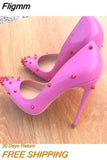 Fligmm Women Patent Pink Pointy Toe High Heel Shoes with Spikes Sexy Ladies Rivets Party Stiletto Pumps Big Size 43 44 45