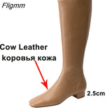 Fligmm Women Riding Boots Shoes Genuine Leather Low Heel Long Boots Zip Square Toe Thick Heels Long Boots Female Autumn Winter