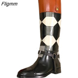 Fligmm Knee High Women Boots Autumn Winter Thick Heels Knight Boots Woman Solid Thick Plaid color matching Leather Shoes Female