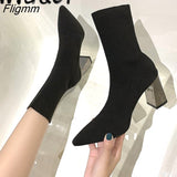 Fligmm Knitted Elastic Women Boots Fashion Winter Shoes Woman Pointed Thick Heels Ankle Boots High Warm Heels Boots Party Shoes