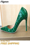 Fligmm Green Crocodile Effect Women Pointy Toe High Heels 8cm 10cm 12cm Customize Ladies Sexy Stiletto Pumps Club Party Shoes