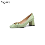 Fligmm Women Fashion Shoes Genuine Leather Thick Heels Metal Decoration Pumps Elegant High Heel Ladies Footwear Spring Beige 42