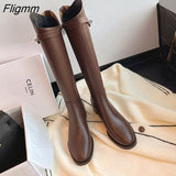 Fligmm Genuine Leather Riding Boots Thick Med Heel Zipper Ladies Boots Round Toe Knee High Boots Autumn Winter Brown Gray 33-42