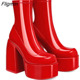 Fligmm Autumn and Winter New Square Head Thick Heel High Heel Waterproof Platform Stretch Leather Large Size Patent Leather Boots