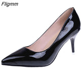 Fligmm Women Pumps Black High heels 8cm Lady Patent leather Shallow Thin Heels Autumn Pointed Single Shoes Slip-On Female Shoes