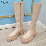 Fligmm Brand Design Women Genuine Leather Boots Knee High Boots Platform Thick Heel Riding Boots Zipper Autumn Winter White 42