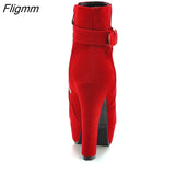 Fligmm Female Boots Women Boots Winter Buckle Super High Heel Ankle Boots Zipper Platform Thick Heel Short Shoes Lady Red 33-43