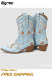 fligmm Embroidered Estern Boots For Women Ankle Bootie Cowboy Cowgirls Flower Print Fashiin Chunke Heel Slip On Shoes 2023