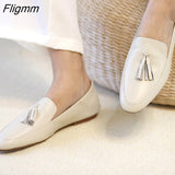 Fligmm Genuine Leather Flat Loafers Shoes Women Round Toe Shoes Cow Leather Fringe Flats Footwear Ladies Casual Shoes White 40