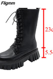 Fligmm Chunky Platform Women's Ankle Boots 2023 New Lace-Up Pu Leather Ladies Shoes Autumn Winter Thick Sole Motorcycle Booties