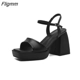 Fligmm Genuine Leather Women Shoes Super High Heel Platform Thick Heel Sandals Square Toe Ladies Footwear Fashion Summer Black