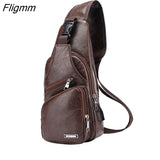 Fligmm Men's USB Chest Bag Designer Men Messenger Crossbody Package PU Leather Shoulder Bags Package Travel Chest Bag Bolso Hombre