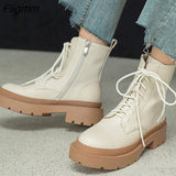 Fligmm Women Shoes Genuine Leather Motorcycle Boots Thick Med Heel Boots Round Toe Zipper Lady Footwear Autumn Winter 40 Beige