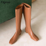 Fligmm Women Riding Boots Shoes Genuine Leather Low Heel Long Boots Zip Square Toe Thick Heels Long Boots Female Autumn Winter