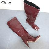 Fligmm Women Knee-High Boots Shoes Square Toe Chunky Heels Long Boots Extreme High Heel Slip-On Ladies Boots Winter Black 43