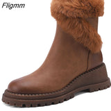 Fligmm Women Genuine Leather Snow Boots Rabbit fur Wedges High Heel Round Toe Ladies Boots Zipper Ankle Boots 2023 Winter Green