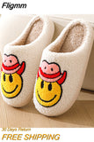 Fligmm Cowboy Smile Face Fur Slippers Women 2023 Winter Closed Toe Plush Cotton Slippers Woman Comfy Soft Bottom House Shoes