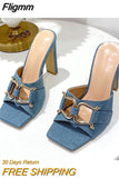 Fligmm Blue Denim Slippers Women Outdoor Mules High Heels Fashion Metal Buckle Designer Sandals Square Toe Ladies Shoes Size 35-41