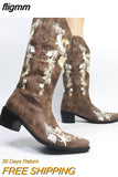 fligmm cowboy heart floral Mid Calf Boots women stacked heeled Women Embroidery Work ridding Western Boots shoes big size 46