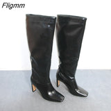 Fligmm Women Knee-High Boots Shoes Square Toe Chunky Heels Long Boots Extreme High Heel Slip-On Ladies Boots Winter Black 43