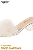 Fligmm Summer Fluffy Peep Toe Sexy High Heels Women Shoes Fur Feather Lady Fashion Wedding Slip-On Pink Square Toe Women Sandals