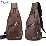 Fligmm Men's USB Chest Bag Designer Men Messenger Crossbody Package PU Leather Shoulder Bags Package Travel Chest Bag Bolso Hombre