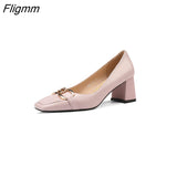 Fligmm Women Fashion Shoes Genuine Leather Thick Heels Metal Decoration Pumps Elegant High Heel Ladies Footwear Spring Beige 42