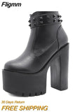 Fligmm Black Ankle Boots For Women Plus High Heel Female Shoes Lace-Up Nigh Club Black Sexy Rivets Short Bootsrd5