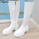 Fligmm Brand Design Women Genuine Leather Boots Knee High Boots Platform Thick Heel Riding Boots Zipper Autumn Winter White 42