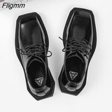 Fligmm square head Leather Shoes women Casual Men Formal Dress Thick Bottom Loafers Lace-up Black British Business Work Shoes 44