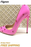 Fligmm Women Patent Pink Pointy Toe High Heel Shoes with Spikes Sexy Ladies Rivets Party Stiletto Pumps Big Size 43 44 45