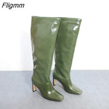 Fligmm Women Knee-High Boots Shoes Square Toe Chunky Heels Long Boots Extreme High Heel Slip-On Ladies Boots Winter Black 43