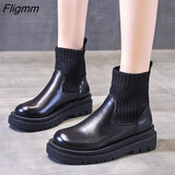 Fligmm Boots Woman Slip-On Shoes Woman Fashion Knitted Elastic Round Toe Short Boots Platform Square Heels Leather Boots Women