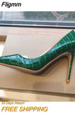 Fligmm Green Crocodile Effect Women Pointy Toe High Heels 8cm 10cm 12cm Customize Ladies Sexy Stiletto Pumps Club Party Shoes