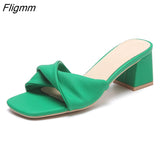 Fligmm Designer Slippers Women Mules Shoes Fashion Lychee Pattern Open Toe Slides Ladies Brand Square Heel Mules Female Slippers