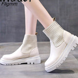 Fligmm Boots Woman Slip-On Shoes Woman Fashion Knitted Elastic Round Toe Short Boots Platform Square Heels Leather Boots Women