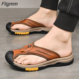 Fligmm Leather Shoes Men Sandals Mens Flip Flops Summer 2023 Men Casual Shoes Non-slip Massage Beach Slippers Water Shoes