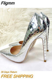 Fligmm Silver Embossed Crocodile Effect Women Sexy Pointy Toe High Heel Party Shoes Bling Shiny Fashion Designer Stiletto Pumps