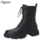 Fligmm Women Genuine Leather Ankle Wool Fur Snow Boots Round Toe Thick Mid Heel Lady Lace-up Short Boot Autumn Winter Shoes 43