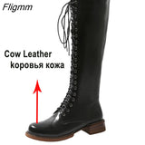 Fligmm Women Genuine Leather Knee High Riding Boots Round Toe Thick High Heel Zipper Lace-up Lady Long Boot Autumn Winter Shoes