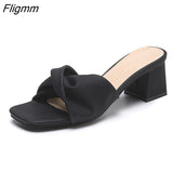 Fligmm Designer Slippers Women Mules Shoes Fashion Lychee Pattern Open Toe Slides Ladies Brand Square Heel Mules Female Slippers