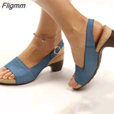 Fligmm Peep Toe Flip Flop Beach Women's Sandals Plus Size Women's Shoes Buckle Strap Women Shoes Thick High Heels Sandals Rear Band