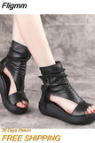 Fligmm Women Summer Sandals Mid Heels Wedges Shoes Ladies Vintage PU Leather Plus Size Sandalias Mujer Sapato Feminino 2023