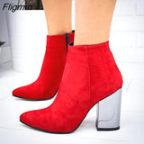 Fligmm Autumn and Winter New Square Head Thick Heel High Heel Waterproof Platform Stretch Leather Large Size Patent Leather Boots