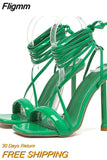 Fligmm Summer Ankle Cross-Tied Blue Green Women's Stiletto High Heels Strappy Sandals Fashion Square Toe Lace-Up Party Prom Shoes