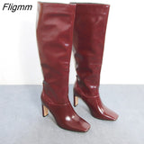 Fligmm Women Knee-High Boots Shoes Square Toe Chunky Heels Long Boots Extreme High Heel Slip-On Ladies Boots Winter Black 43