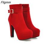 Fligmm Female Boots Women Boots Winter Buckle Super High Heel Ankle Boots Zipper Platform Thick Heel Short Shoes Lady Red 33-43