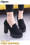 Fligmm with 10CM Pumps Suede high heels thick round head waterproof platform black single shoes woman thick bottom was thin 785