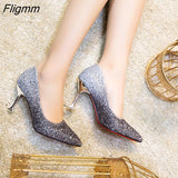 Fligmm Toe Sequined Cloth Thin Heels High heel Wedding pumps women shoes 2023 Spring Autumn Fashion Shallow Bling female shoes