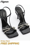 Fligmm Woman Rhinestone High Heel Sandals TRAF Sequin Cross Strap Black Heels Fashion Square Slingback Stiletto Pumps Women Summer